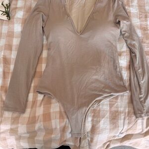 Klassy Network Long-Sleeve Ribbed Bodysuit in Taupe